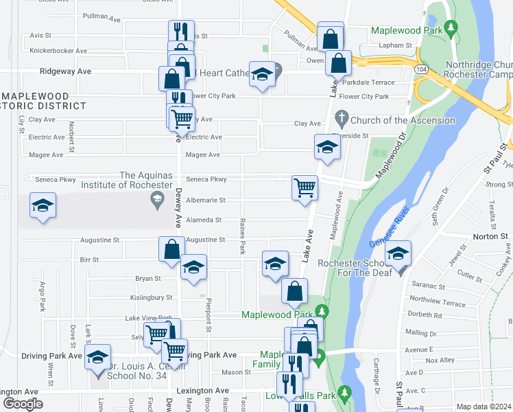 map of restaurants, bars, coffee shops, grocery stores, and more near 124 Albemarle Street in Rochester