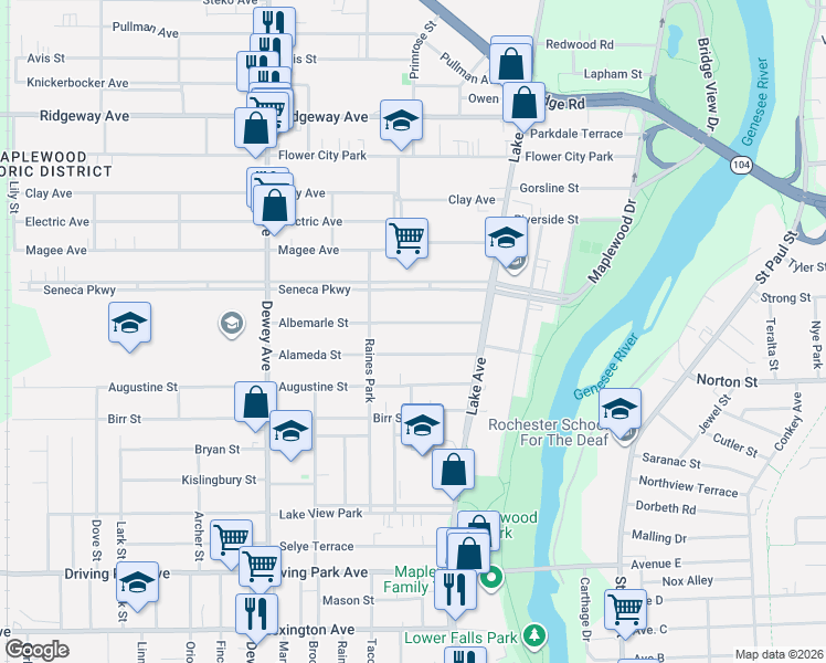 map of restaurants, bars, coffee shops, grocery stores, and more near 63 Albemarle Street in Rochester