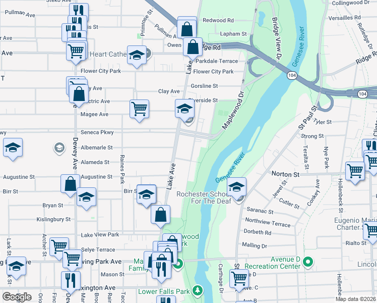 map of restaurants, bars, coffee shops, grocery stores, and more near 347 Maplewood Avenue in Rochester