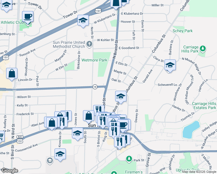 map of restaurants, bars, coffee shops, grocery stores, and more near 267 Wisconsin 19 in Sun Prairie