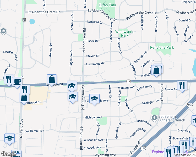 map of restaurants, bars, coffee shops, grocery stores, and more near 2161 Effingham Way in Sun Prairie