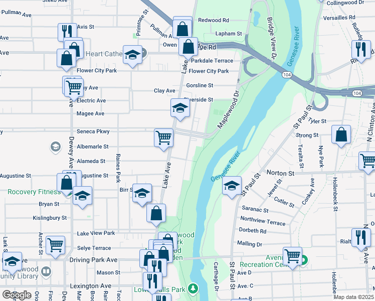 map of restaurants, bars, coffee shops, grocery stores, and more near 349 Maplewood Avenue in Rochester