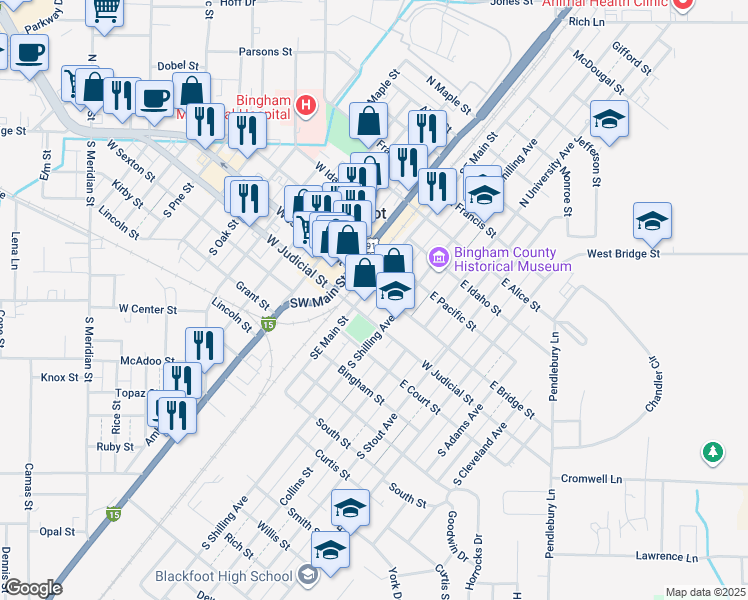 map of restaurants, bars, coffee shops, grocery stores, and more near 34 Southeast Main Street in Blackfoot
