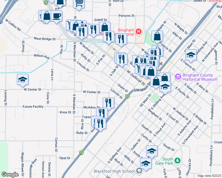 map of restaurants, bars, coffee shops, grocery stores, and more near 298 Lincoln Street in Blackfoot