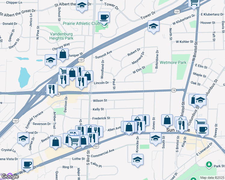 map of restaurants, bars, coffee shops, grocery stores, and more near 602 Windsor Street in Sun Prairie