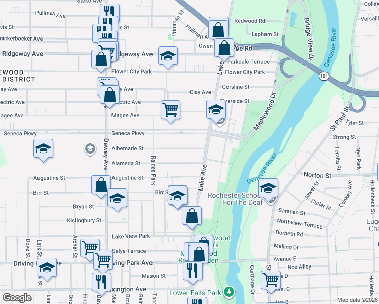 map of restaurants, bars, coffee shops, grocery stores, and more near 63 Albemarle Street in Rochester