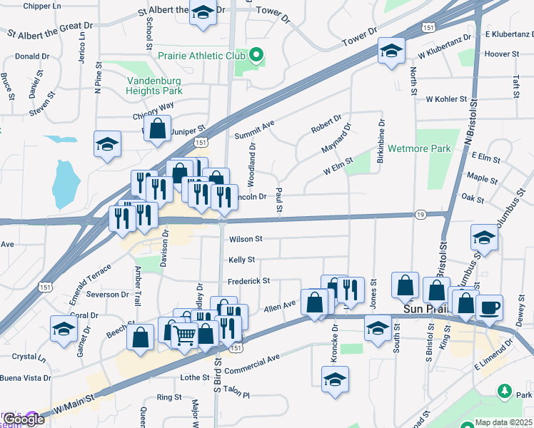 map of restaurants, bars, coffee shops, grocery stores, and more near 602 Windsor Street in Sun Prairie