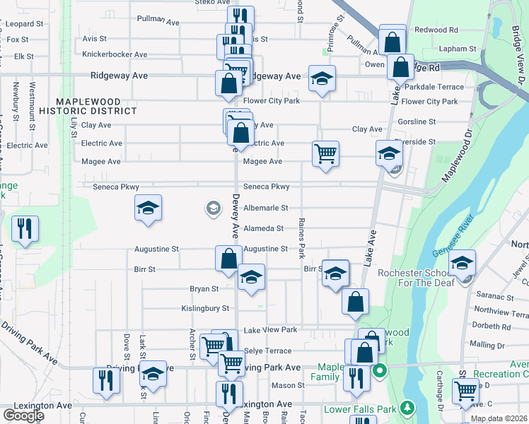 map of restaurants, bars, coffee shops, grocery stores, and more near 233 Albemarle Street in Rochester