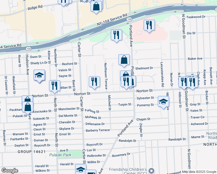 map of restaurants, bars, coffee shops, grocery stores, and more near 45 Sandra Lane in Rochester