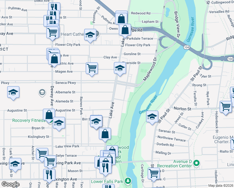 map of restaurants, bars, coffee shops, grocery stores, and more near 359 Maplewood Avenue in Rochester
