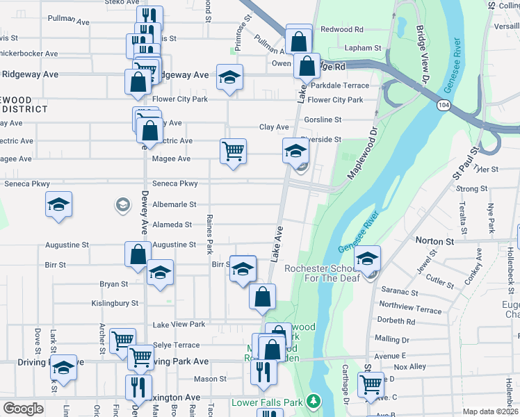 map of restaurants, bars, coffee shops, grocery stores, and more near 63 Albemarle Street in Rochester