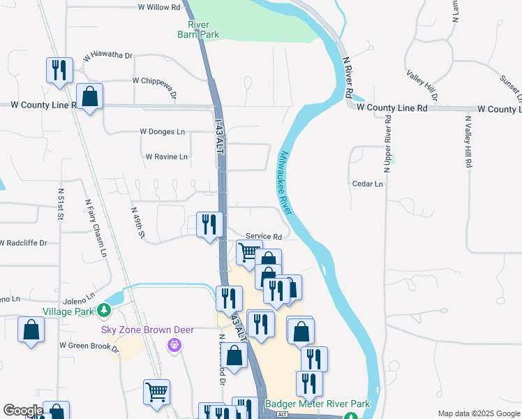 map of restaurants, bars, coffee shops, grocery stores, and more near 4073 West Rivers Edge Circle in Brown Deer