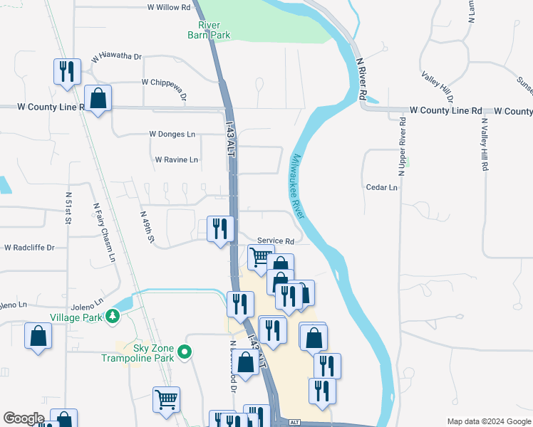 map of restaurants, bars, coffee shops, grocery stores, and more near 4229 West Rivers Edge Circle in Brown Deer