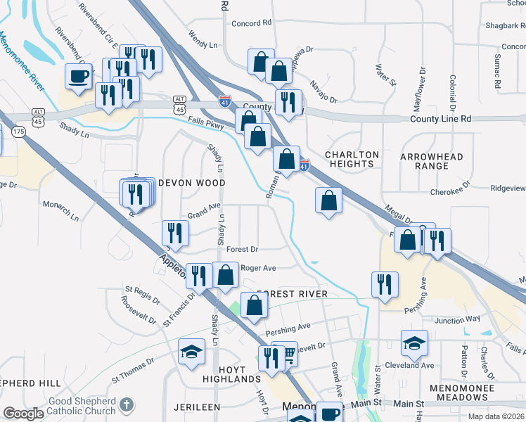 map of restaurants, bars, coffee shops, grocery stores, and more near W170N9364 Woodlawn Drive in Menomonee Falls