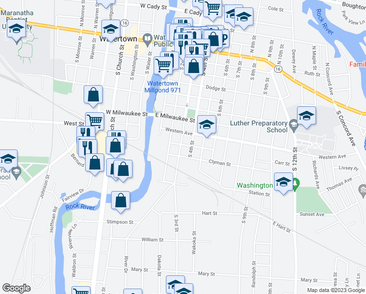map of restaurants, bars, coffee shops, grocery stores, and more near 901 South 3rd Street in Watertown