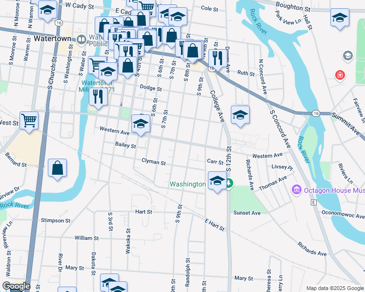 map of restaurants, bars, coffee shops, grocery stores, and more near 807 Western Avenue in Watertown