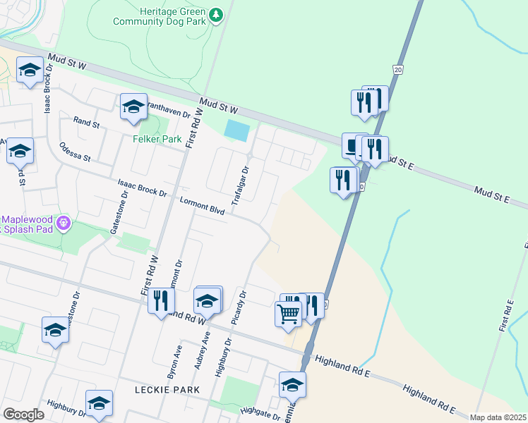 map of restaurants, bars, coffee shops, grocery stores, and more near 17 Bradbury Road in Hamilton