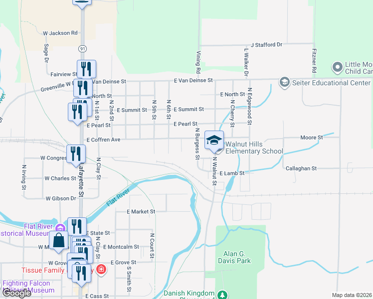 map of restaurants, bars, coffee shops, grocery stores, and more near 715 North Burgess Street in Greenville