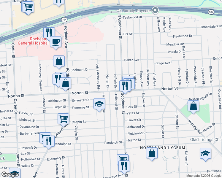 map of restaurants, bars, coffee shops, grocery stores, and more near 287 Norran Drive in Rochester