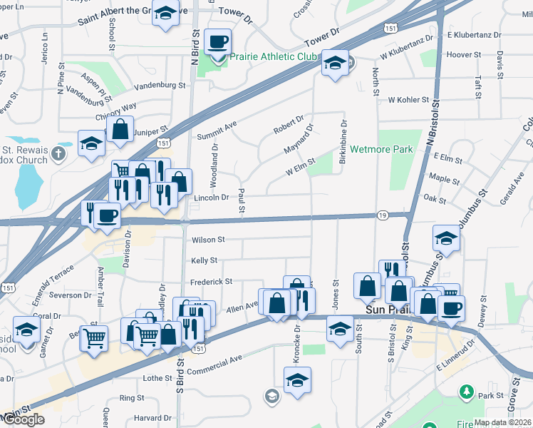 map of restaurants, bars, coffee shops, grocery stores, and more near 524 Windsor Street in Sun Prairie