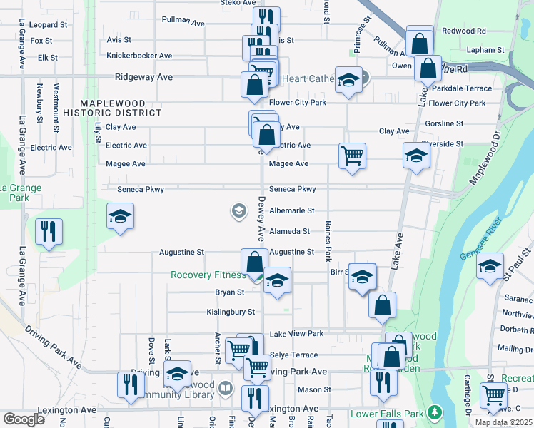 map of restaurants, bars, coffee shops, grocery stores, and more near 1184 Dewey Avenue in Rochester