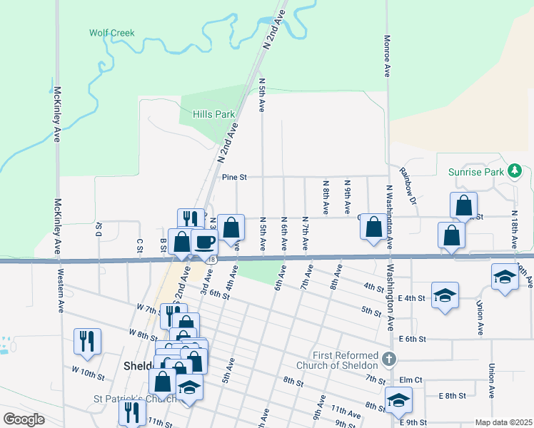 map of restaurants, bars, coffee shops, grocery stores, and more near 201 North 5th Avenue in Sheldon