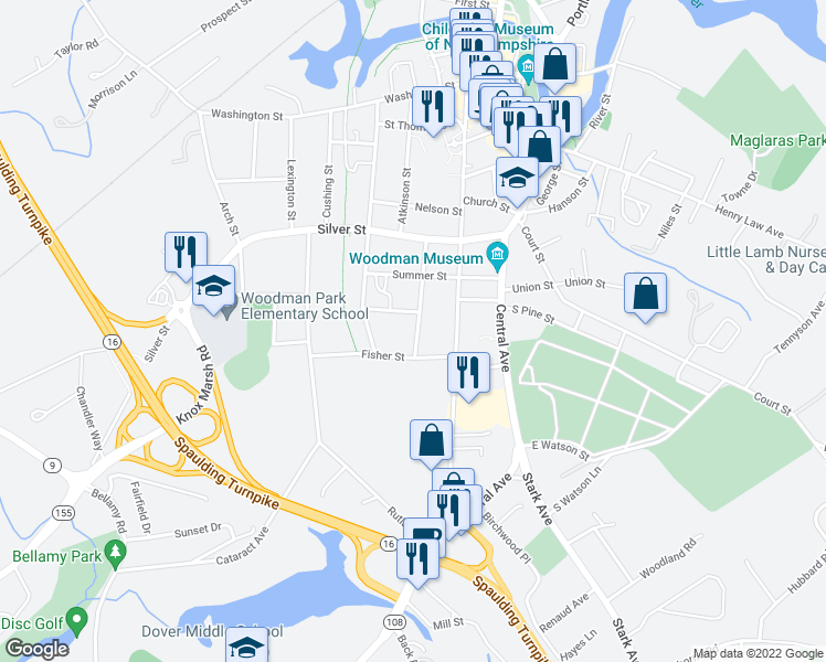map of restaurants, bars, coffee shops, grocery stores, and more near 35 Elm Street in Dover
