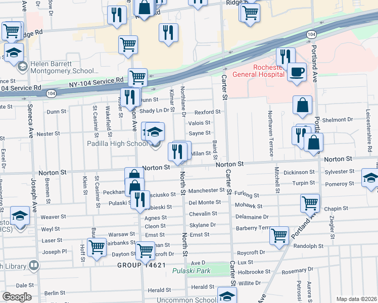map of restaurants, bars, coffee shops, grocery stores, and more near 10 Milan Street in Rochester
