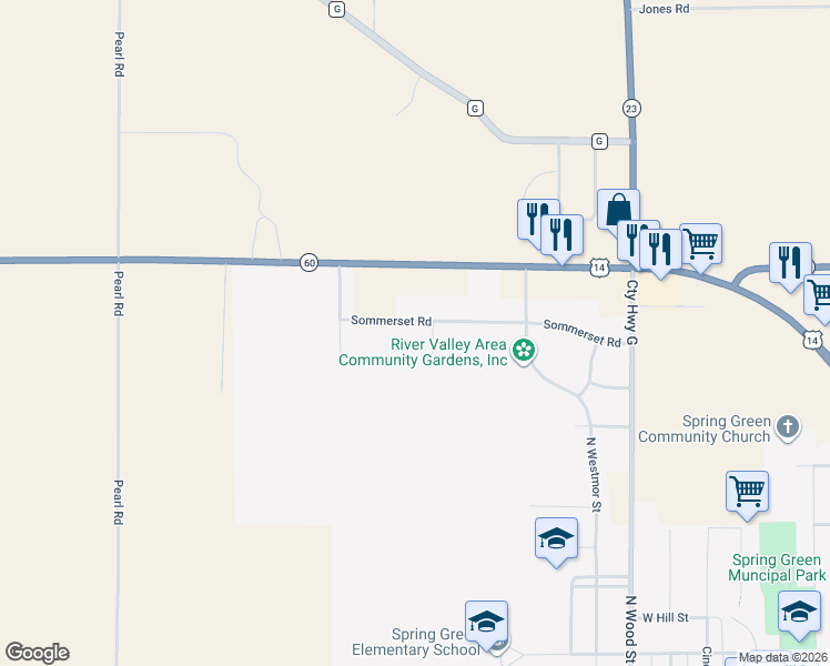 map of restaurants, bars, coffee shops, grocery stores, and more near Sommerset Road in Spring Green