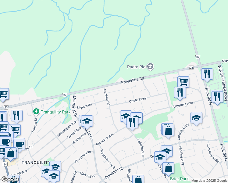 map of restaurants, bars, coffee shops, grocery stores, and more near Westchester Way in Brantford