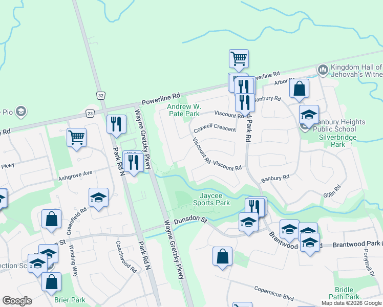 map of restaurants, bars, coffee shops, grocery stores, and more near 7 Childerhose Crescent in Brantford