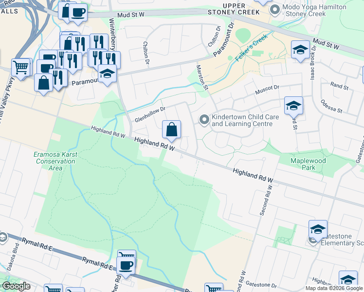 map of restaurants, bars, coffee shops, grocery stores, and more near 346 Highland Road West in Hamilton