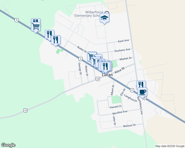 map of restaurants, bars, coffee shops, grocery stores, and more near 189 Frank Street in Lucan