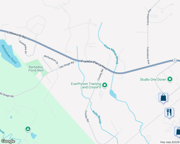 map of restaurants, bars, coffee shops, grocery stores, and more near 78 Littleworth Road in Dover