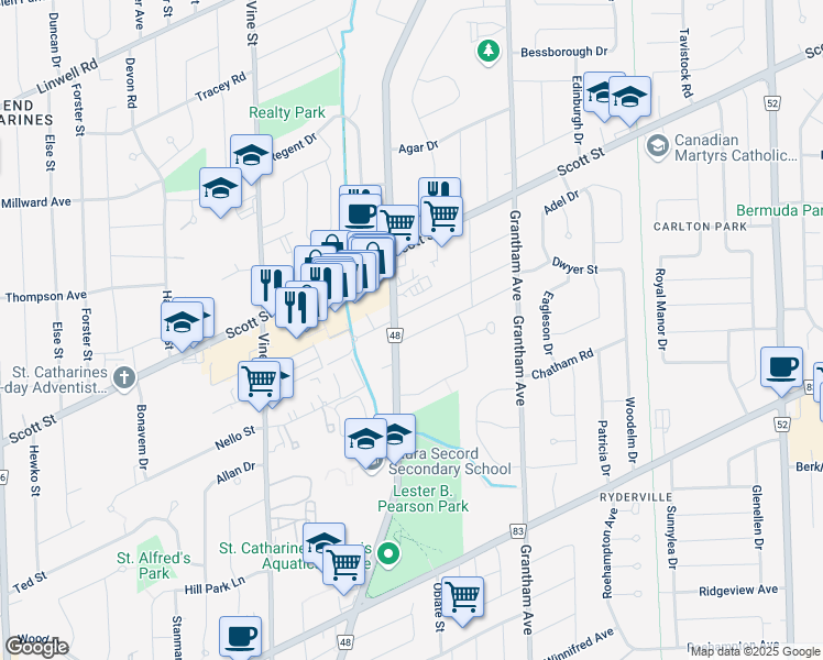map of restaurants, bars, coffee shops, grocery stores, and more near 414 Niagara Street in St. Catharines