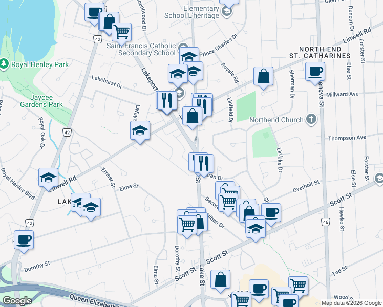 map of restaurants, bars, coffee shops, grocery stores, and more near in St. Catharines