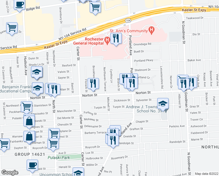 map of restaurants, bars, coffee shops, grocery stores, and more near 45 Sandra Lane in Rochester