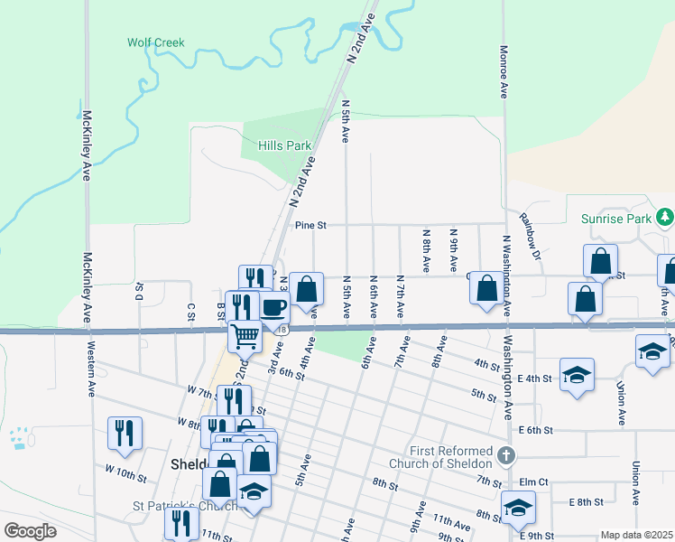 map of restaurants, bars, coffee shops, grocery stores, and more near 201 North 5th Avenue in Sheldon