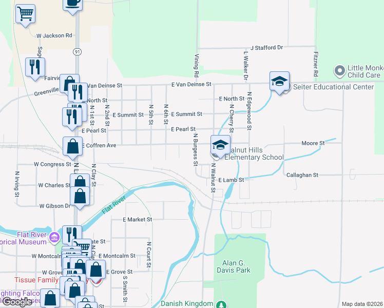 map of restaurants, bars, coffee shops, grocery stores, and more near 715 North Burgess Street in Greenville