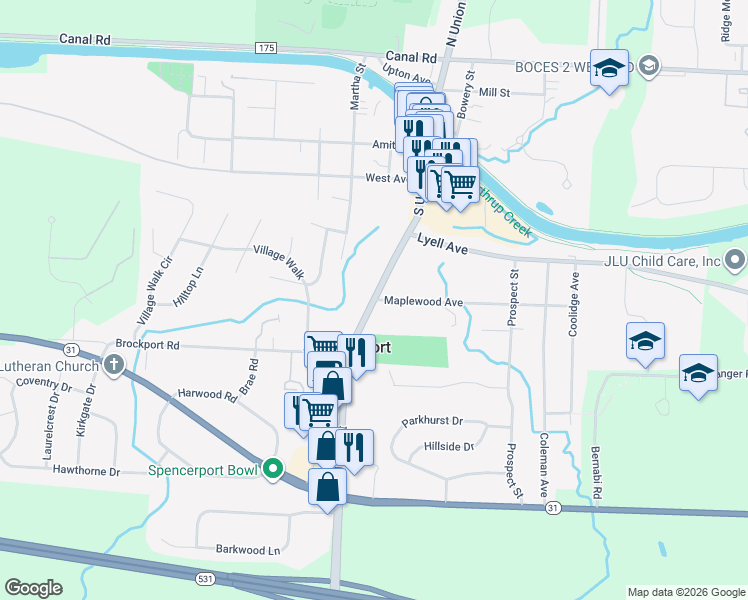 map of restaurants, bars, coffee shops, grocery stores, and more near South Union Street & Maplewood Avenue in Spencerport