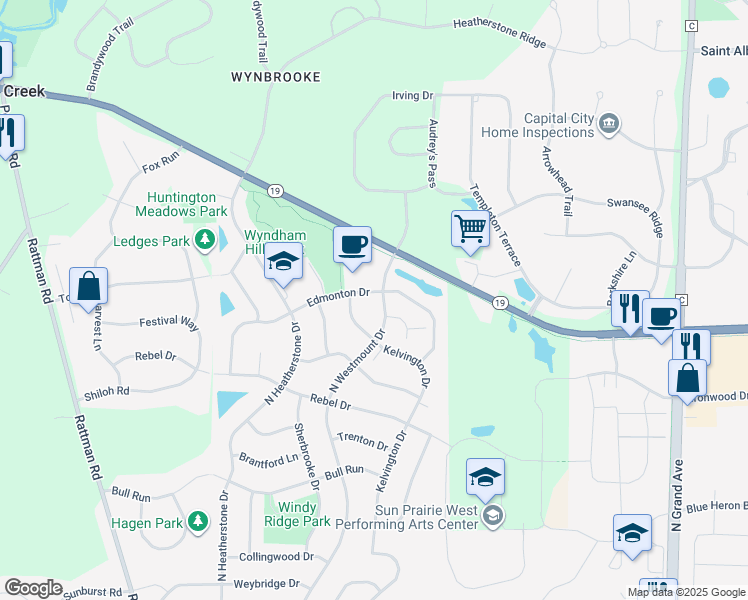 map of restaurants, bars, coffee shops, grocery stores, and more near 3125 Edmonton Drive in Sun Prairie