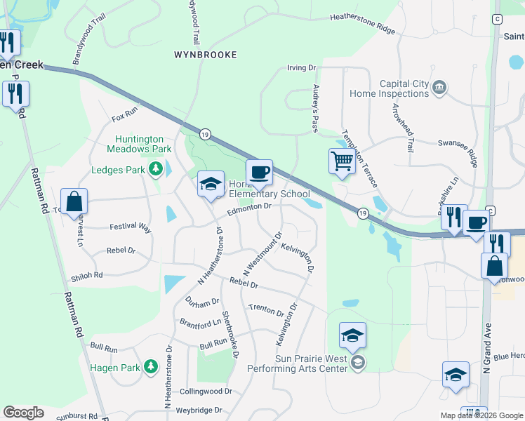 map of restaurants, bars, coffee shops, grocery stores, and more near 3145 Edmonton Drive in Sun Prairie