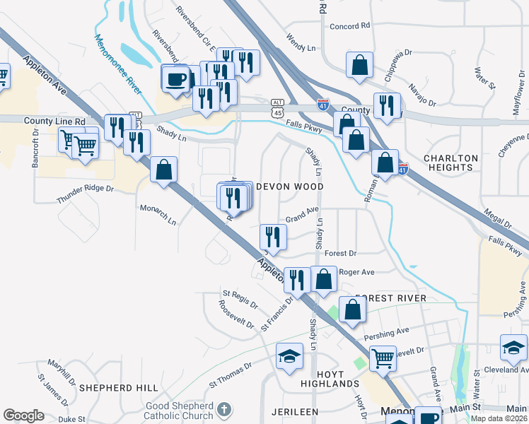 map of restaurants, bars, coffee shops, grocery stores, and more near W174N9372 Devonwood Road in Menomonee Falls