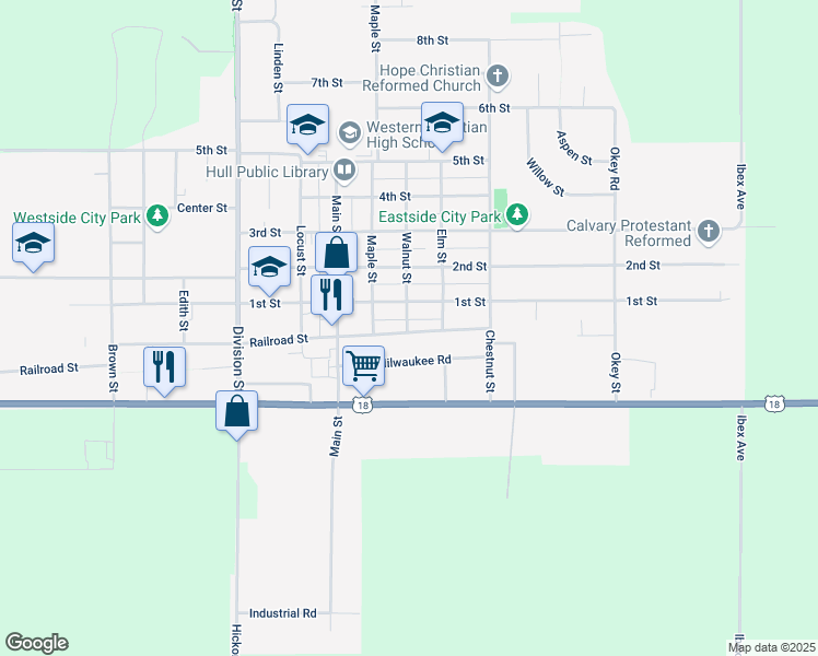 map of restaurants, bars, coffee shops, grocery stores, and more near 1201-1299 Railroad Street in Hull