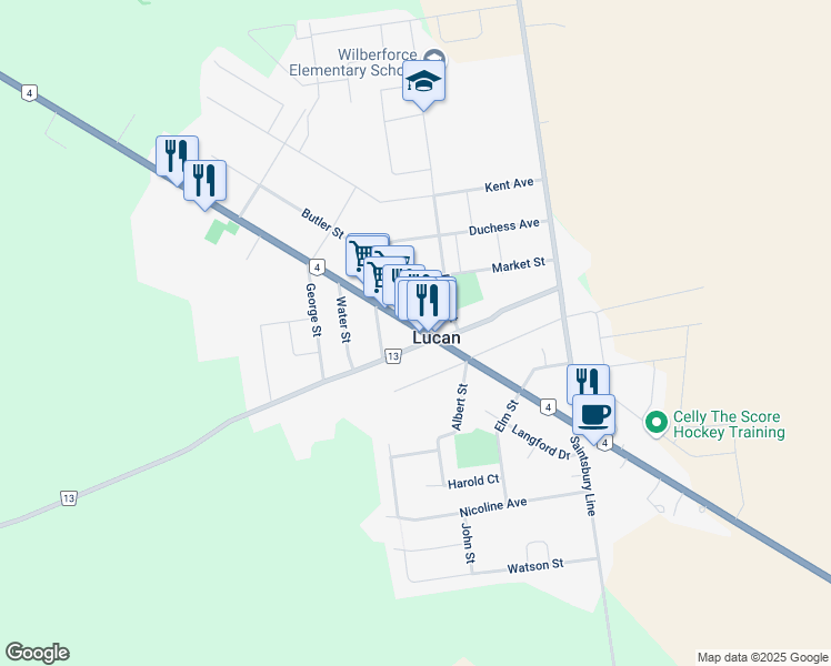 map of restaurants, bars, coffee shops, grocery stores, and more near 169 Main Street in Lucan