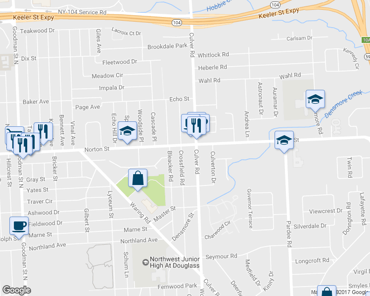 map of restaurants, bars, coffee shops, grocery stores, and more near 344 Crossfield Road in Rochester