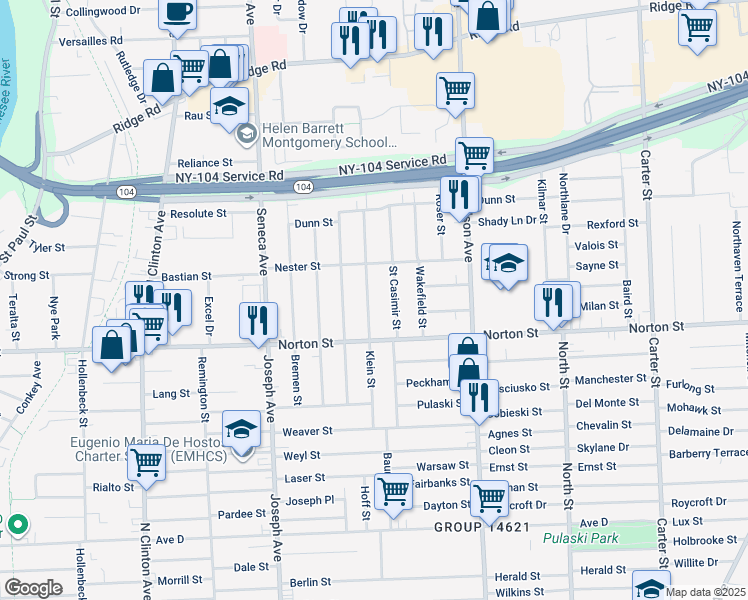 map of restaurants, bars, coffee shops, grocery stores, and more near 192 Klein Street in Rochester