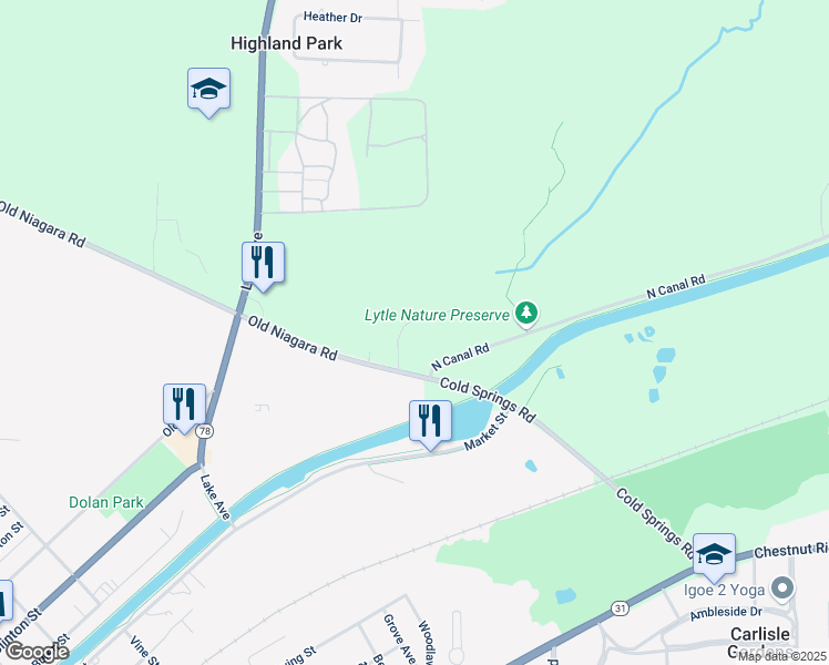 map of restaurants, bars, coffee shops, grocery stores, and more near 6622 Walnut Lane in Lockport