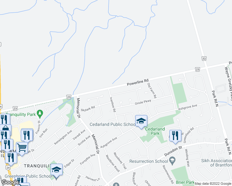 map of restaurants, bars, coffee shops, grocery stores, and more near 72 Westchester Way in Brantford