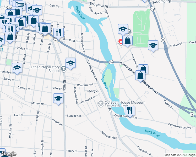 map of restaurants, bars, coffee shops, grocery stores, and more near 128 South Concord Avenue in Watertown